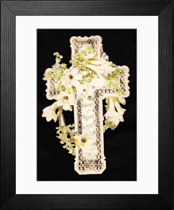 Framed Print : White flowers on a cross-shaped Easter card Framed Print : White flowers on a cross-shaped Easter card