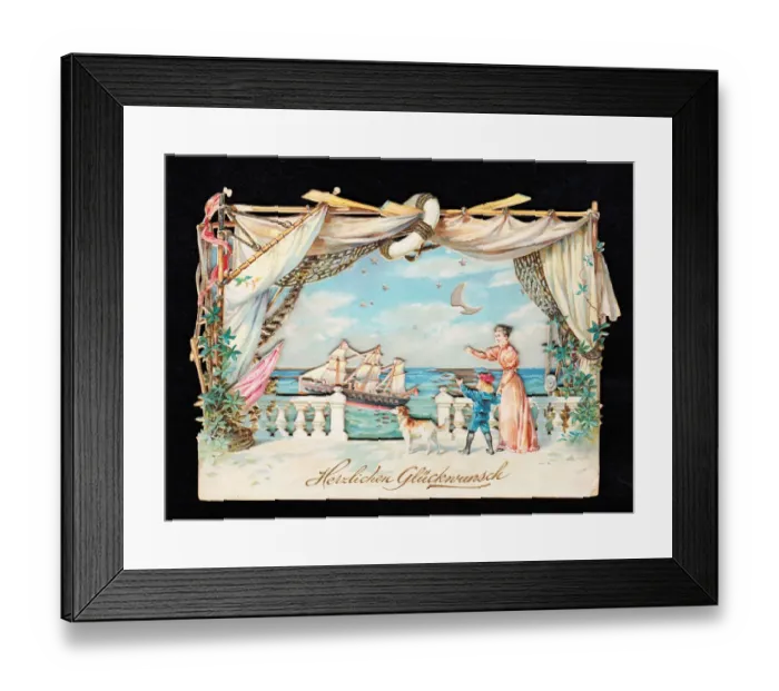 Framed Print : Seaside scene with ship on a German greetings card Framed Print : Seaside scene with ship on a German greetings card