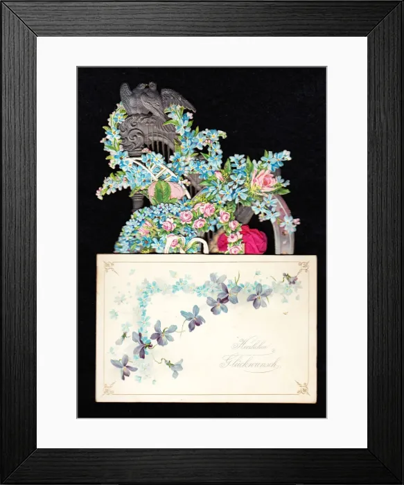 Framed Print : Pink, blue and purple flowers on a German greetings card Framed Print : Pink, blue and purple flowers on a German greetings card