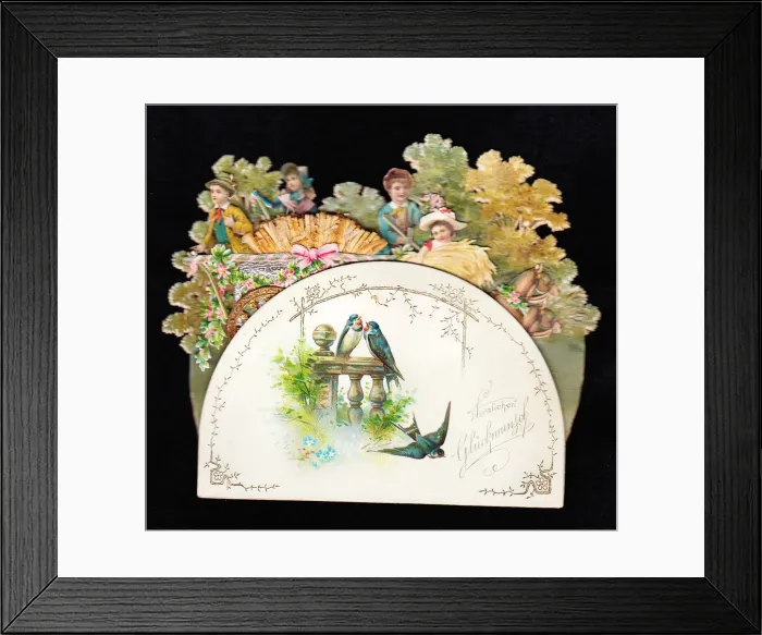 Framed Print : Birds and country scene on a German greetings card Framed Print : Birds and country scene on a German greetings card