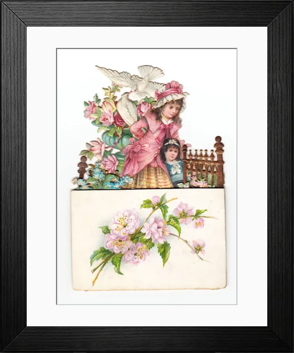 Framed Print : Birds and flowers with two children on a greetings card Framed Print : Birds and flowers with two children on a greetings card