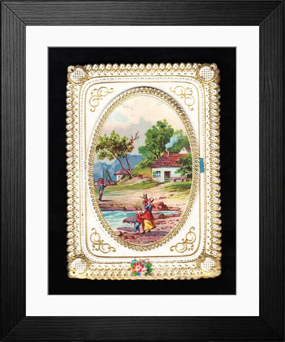 Framed Print : Rural scene with ornate edging on a greetings card