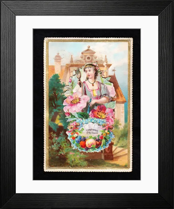 Framed Print : Woman in a garden with fruit and flowers on a Christmas card Framed Print : Woman in a garden with fruit and flowers on a Christmas card