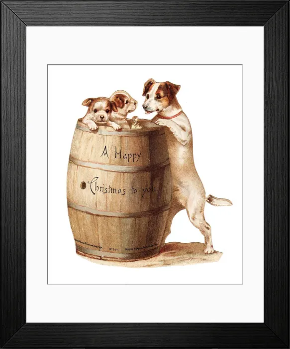 Framed Print : Dog and puppies with barrel on a cutout Christmas card Framed Print : Dog and puppies with barrel on a cutout Christmas card