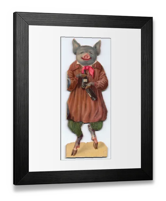 Framed Print : Pig with bottles on a cutout Christmas card Framed Print : Pig with bottles on a cutout Christmas card