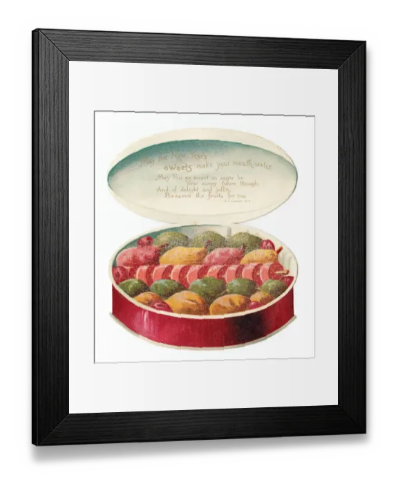 Framed Print : Circular box of sweets on a New Year card Framed Print : Circular box of sweets on a New Year card
