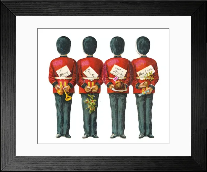 Framed Print : Four guardsmen on a cutout Christmas and New Year card Framed Print : Four guardsmen on a cutout Christmas and New Year card