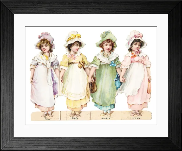 Framed Print : Four girls on a cutout greetings card Framed Print : Four girls on a cutout greetings card