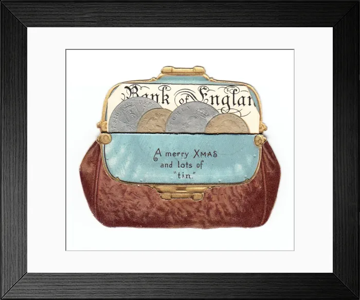 Framed Print : Purse full of money on a cutout Christmas card Framed Print : Purse full of money on a cutout Christmas card