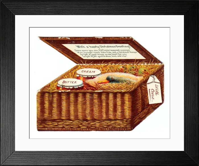 Framed Print : Christmas card in the shape of a wickerwork food hamper Framed Print : Christmas card in the shape of a wickerwork food hamper