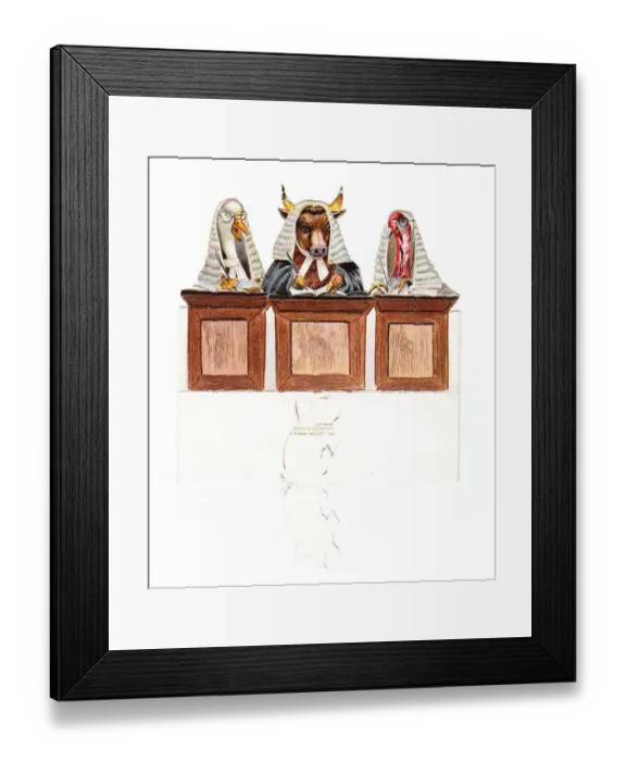 Framed Print : Three bird and animal judges on a cutout Christmas card Framed Print : Three bird and animal judges on a cutout Christmas card