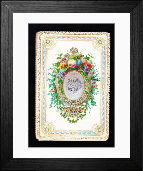 Framed Print : Fruit and foliage on a German New Year card Framed Print : Fruit and foliage on a German New Year card