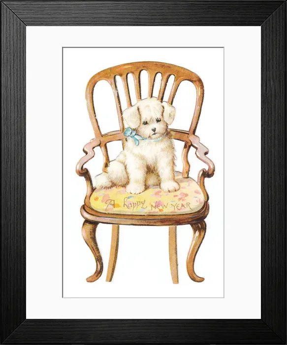 Framed Print : Little white dog on a chair on a cutout New Year card Framed Print : Little white dog on a chair on a cutout New Year card