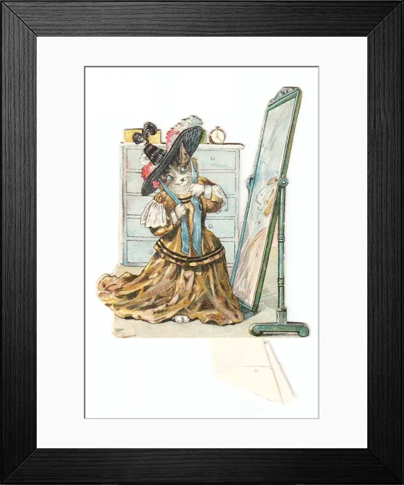 Framed Print : Cat dressing in front of a mirror on a greetings card Framed Print : Cat dressing in front of a mirror on a greetings card