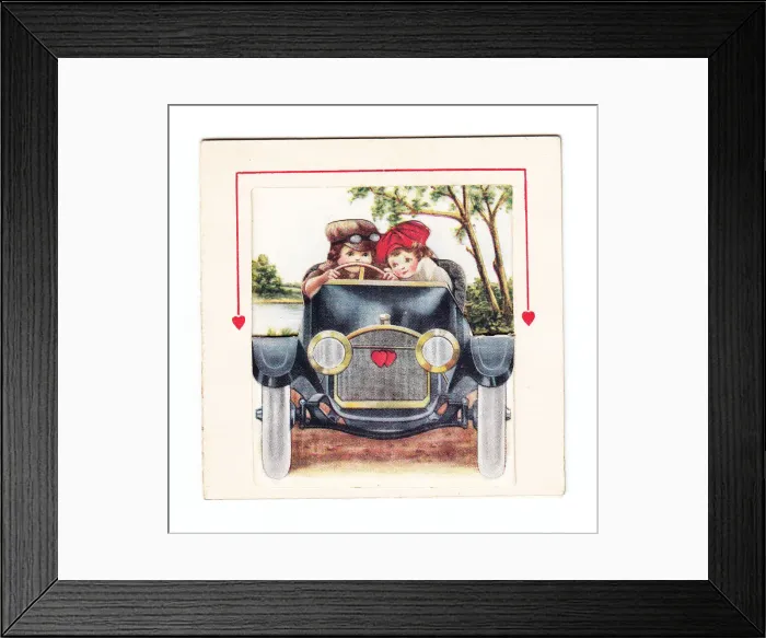 Framed Print : Boy and girl in a car on a romantic greetings card Framed Print : Boy and girl in a car on a romantic greetings card