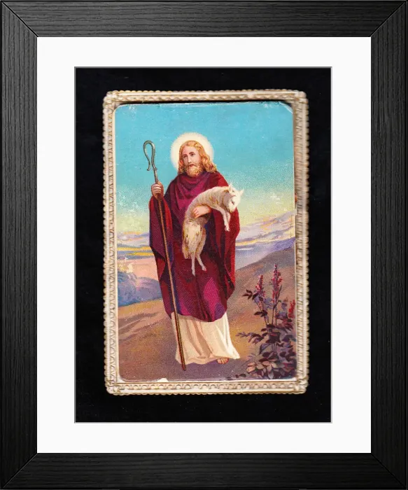 Framed Print : Jesus with lamb on a religious card Framed Print : Jesus with lamb on a religious card