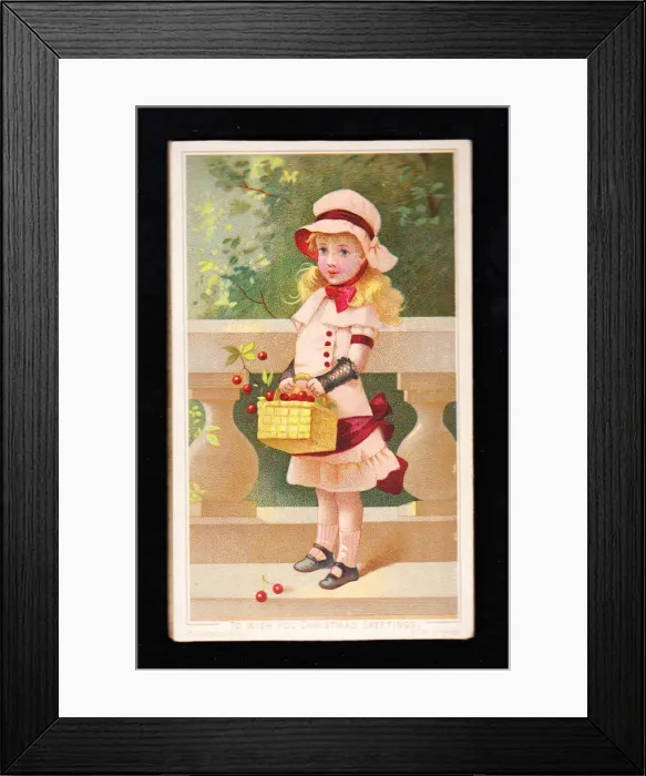 Framed Print : Little girl with basket of fruit on a Christmas card Framed Print : Little girl with basket of fruit on a Christmas card