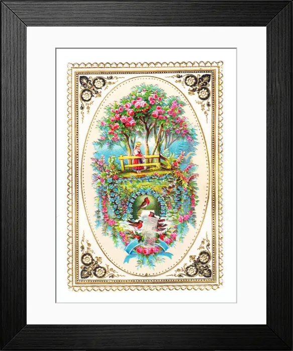 Framed Print : Garden scene on an ornate greetings card Framed Print : Garden scene on an ornate greetings card