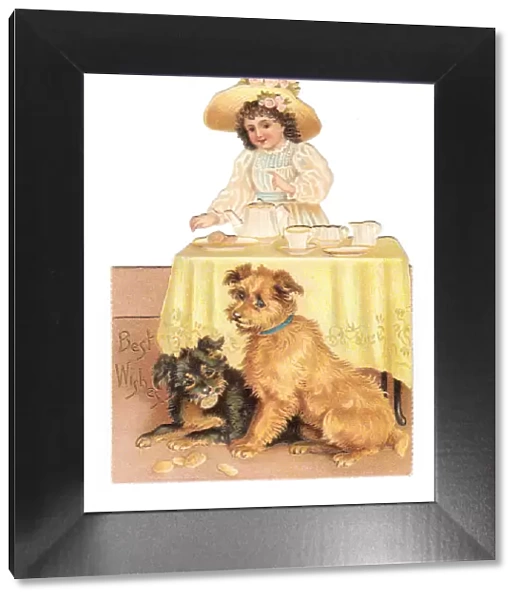 Little girl with two dogs on a cutout greetings card
