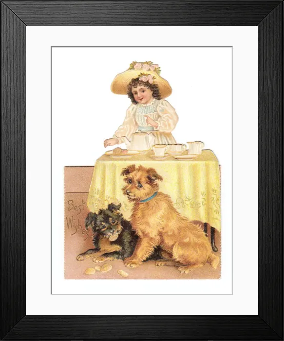 Framed Print : Little girl with two dogs on a cutout greetings card Framed Print : Little girl with two dogs on a cutout greetings card
