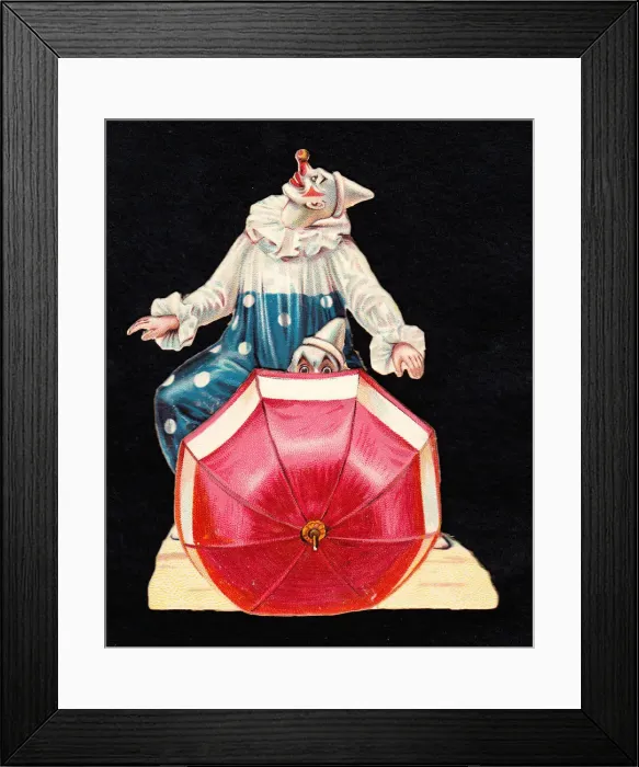 Framed Print : Two clowns with an umbrella on a Victorian scrap Framed Print : Two clowns with an umbrella on a Victorian scrap