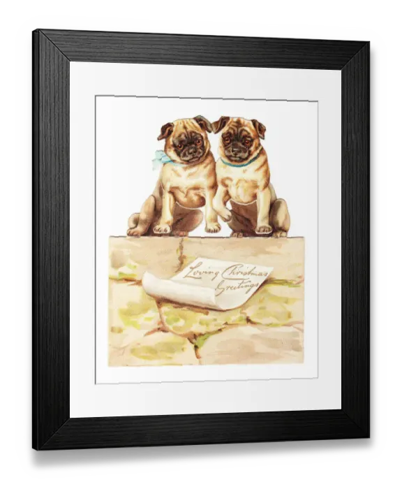 Framed Print : Two dogs on a wall on a cutout Christmas card Framed Print : Two dogs on a wall on a cutout Christmas card