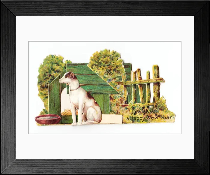Framed Print : Dog outside his kennel on a cutout New Year card Framed Print : Dog outside his kennel on a cutout New Year card