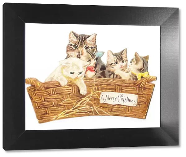 Mother cat and kittens in basket on a cutout Christmas card