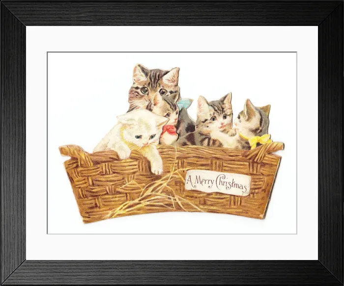Framed Print : Mother cat and kittens in basket on a cutout Christmas card Framed Print : Mother cat and kittens in basket on a cutout Christmas card