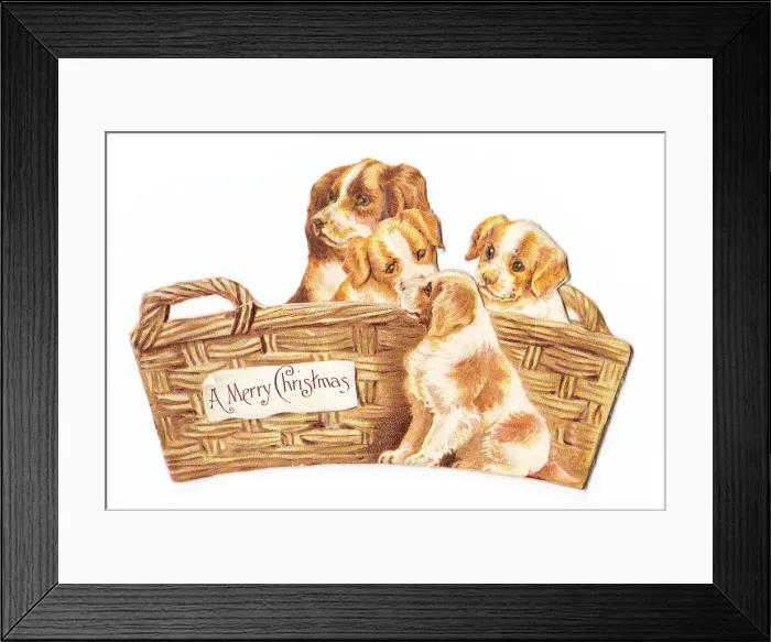 Framed Print : Mother dog and puppies in basket on a cutout Christmas card Framed Print : Mother dog and puppies in basket on a cutout Christmas card