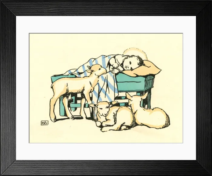 Framed Print : Christmas card, Baby Jesus and Lambs Framed Print : Christmas card, Baby Jesus and Lambs