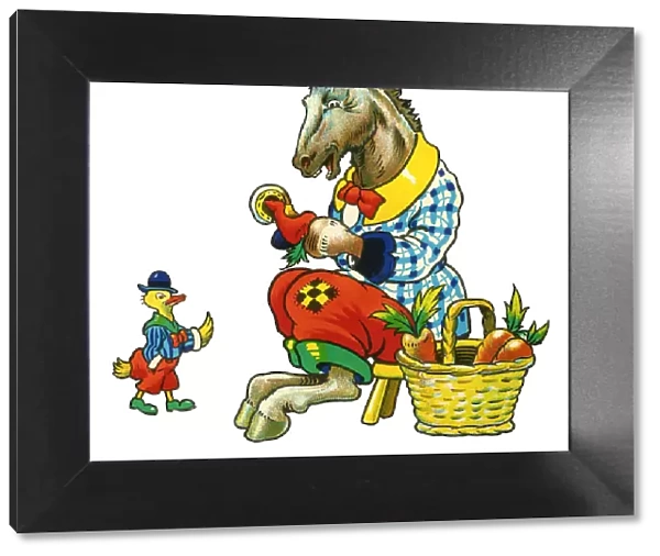 Cot header design, Horse with Carrots and Duck