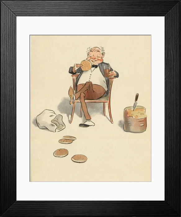 Framed Print : Jumbles by Lewis Baumer - Man with Beer and Biscuit Framed Print : Jumbles by Lewis Baumer - Man with Beer and Biscuit