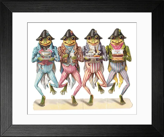 Framed Print : Four frogs in stripy costumes on a cutout Christmas card Framed Print : Four frogs in stripy costumes on a cutout Christmas card