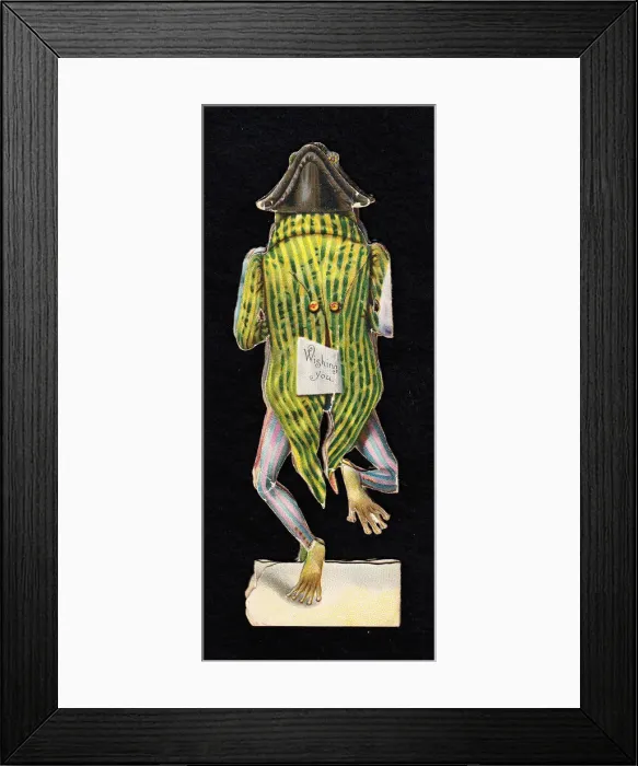 Framed Print : Frog in a stripy tailcoat on a cutout Christmas card Framed Print : Frog in a stripy tailcoat on a cutout Christmas card