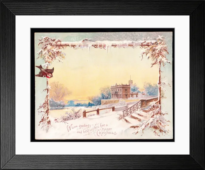 Framed Print : Snow scene with bird on a Christmas card Framed Print : Snow scene with bird on a Christmas card