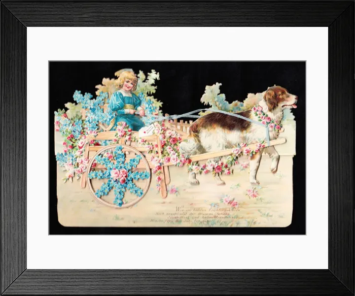 Framed Print : Dog pulling a cart on a German greetings card Framed Print : Dog pulling a cart on a German greetings card