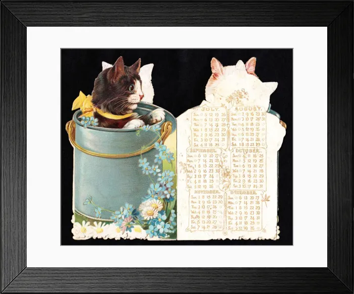 Framed Print : Cat in a can on a cutout calendar (July to December) Framed Print : Cat in a can on a cutout calendar (July to December)