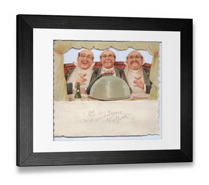Framed Print : Three men on a cutout New Year card Framed Print : Three men on a cutout New Year card