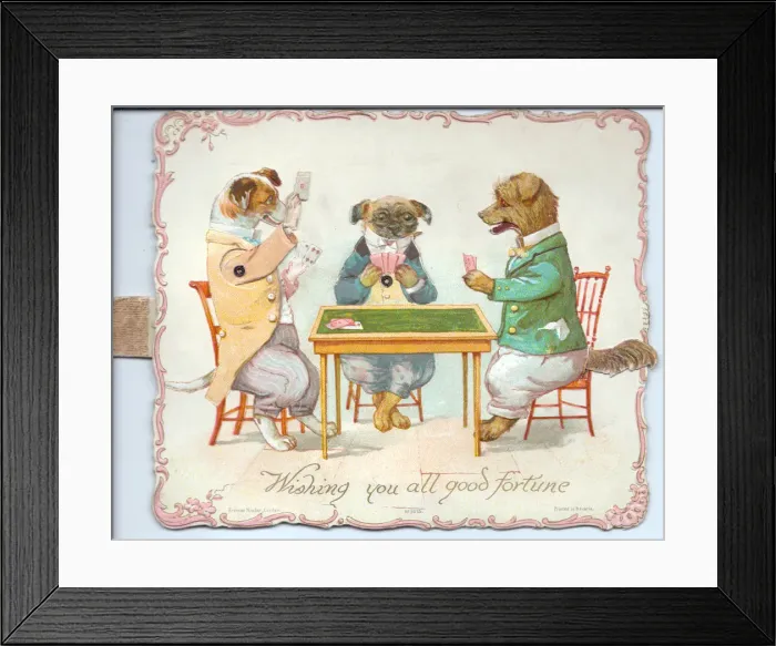 Framed Print : Three dogs playing cards on a New Year card Framed Print : Three dogs playing cards on a New Year card