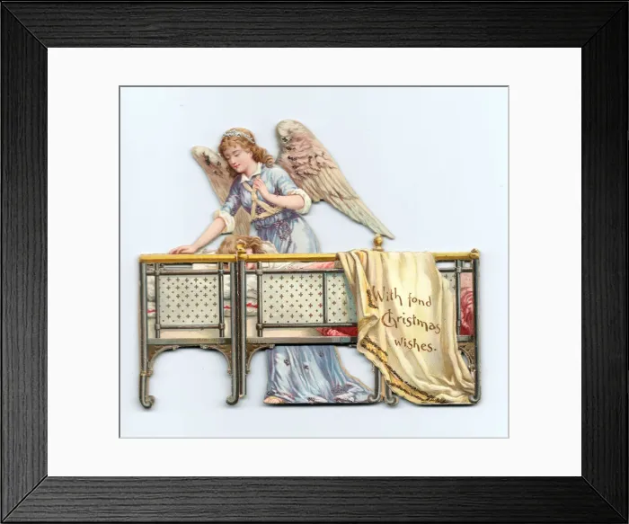 Framed Print : Angel and sleeping girl on a cutout Christmas card Framed Print : Angel and sleeping girl on a cutout Christmas card