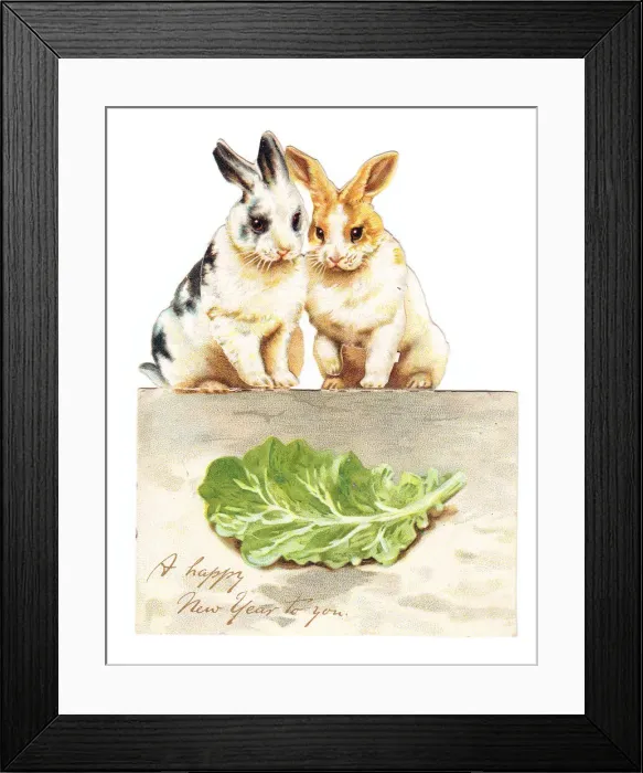 Framed Print : Two rabbits with lettuce on a cutout New Year card Framed Print : Two rabbits with lettuce on a cutout New Year card