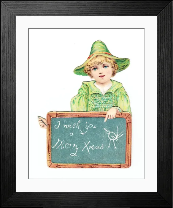 Framed Print : Boy with a slate on a cutout Christmas card Framed Print : Boy with a slate on a cutout Christmas card