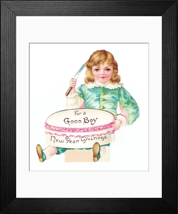 Framed Print : Boy with a cake on a cutout New Year card Framed Print : Boy with a cake on a cutout New Year card