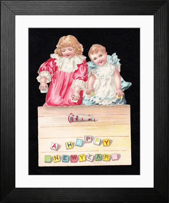 Framed Print : Girl and boy on a cutout New Year card Framed Print : Girl and boy on a cutout New Year card