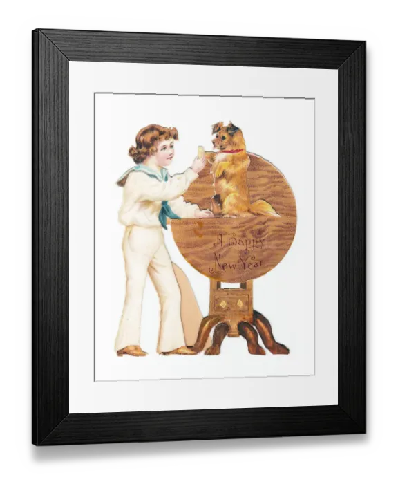 Framed Print : Boy with a dog on a cutout New Year card Framed Print : Boy with a dog on a cutout New Year card