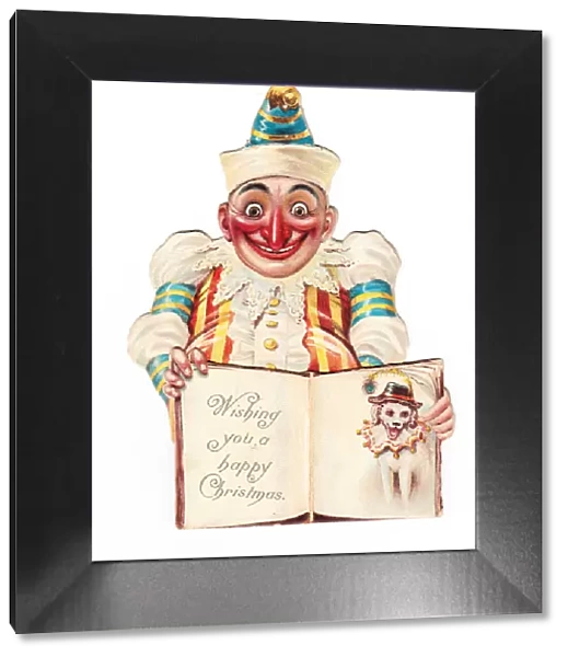 Mr Punch with an open book on a cutout Christmas card