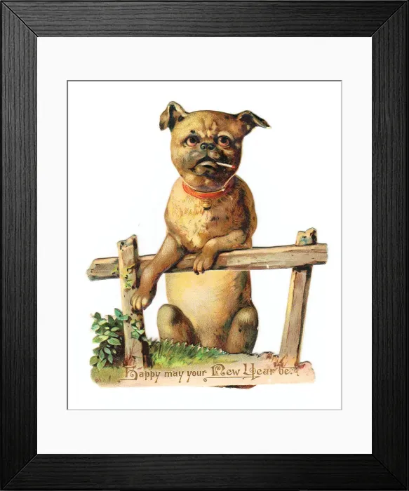 Framed Print : Dog leaning on a fence on a cutout New Year card Framed Print : Dog leaning on a fence on a cutout New Year card