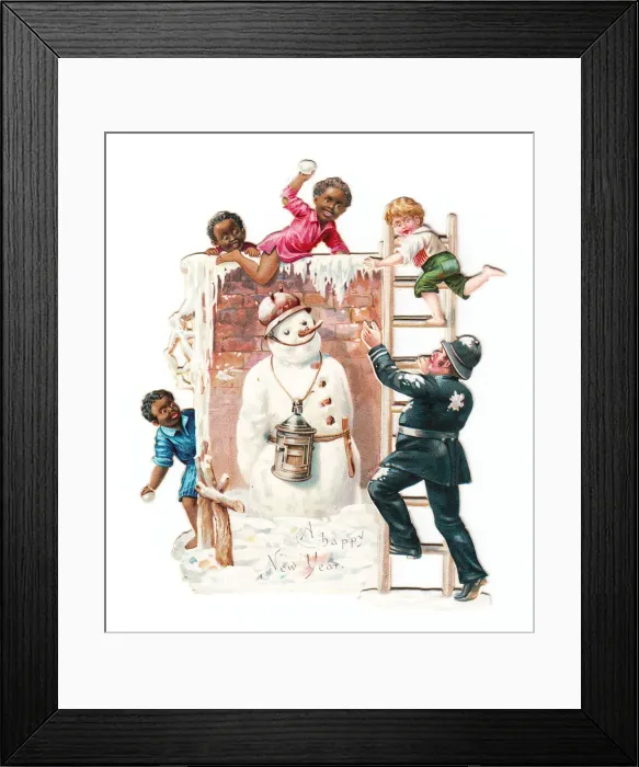 Framed Print : Snowman, policeman and boys on a cutout New Year card Framed Print : Snowman, policeman and boys on a cutout New Year card