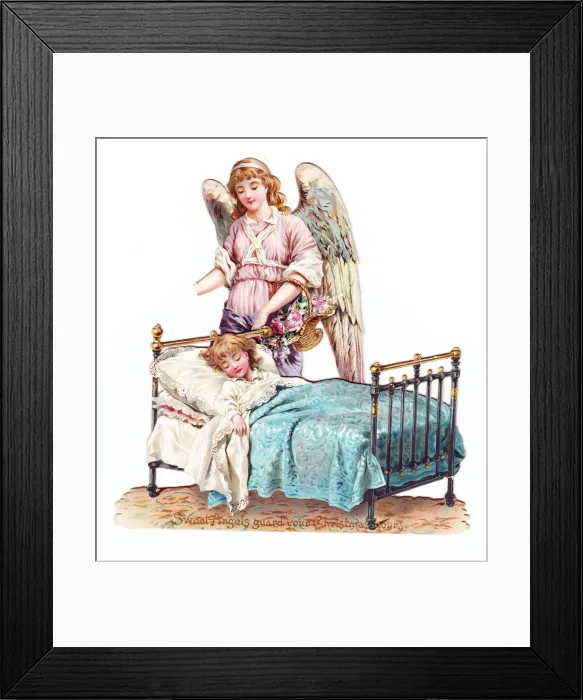 Framed Print : Angel and sleeping child on a cutout Christmas card Framed Print : Angel and sleeping child on a cutout Christmas card